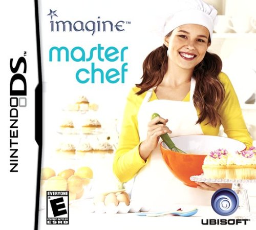 the box art for Imagine Master Chef for the Nintendo DS. It features a white background with a picture of a girl using a whisk in an orange mixing bowl while smiling at the viewer. there are cupcakes near her and she is wearing a chef's hat, apron, and pigtails